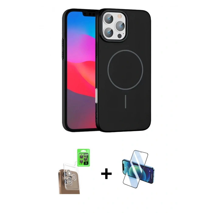 MARSİLYAN™- iPhone 16 Pro Max Kılıf Siluet Doku Özel Seri - Siyah 3D Antistatik Seramik Nano Ekran Koruyucu + Raze Metal Kamera Lens - CLTM