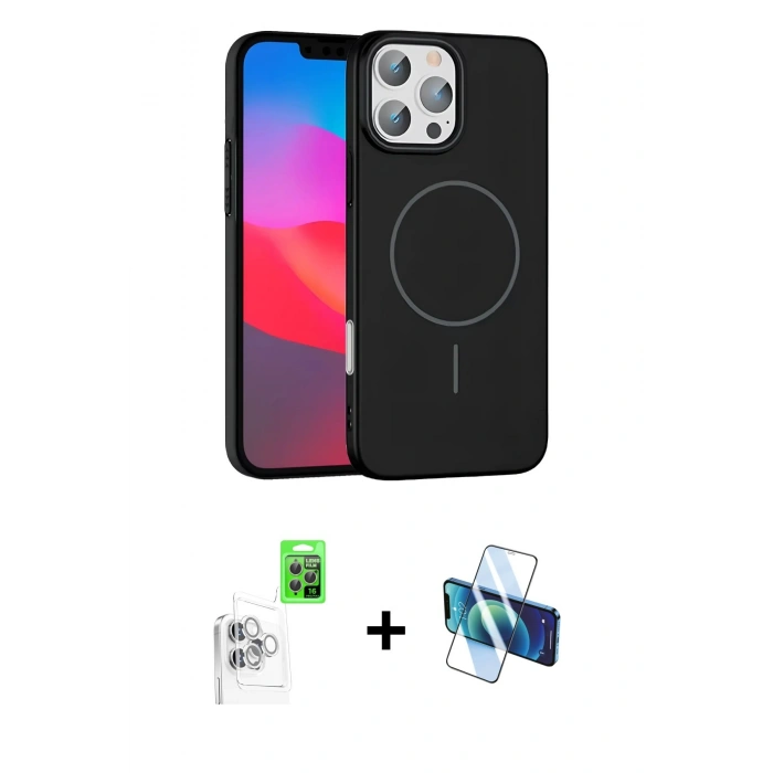 MARSİLYAN™- iPhone 16 Pro Max Kılıf Siluet Doku Özel Seri - Siyah 3D Antistatik Seramik Nano Ekran Koruyucu + Beyaz Raze Metal Kamera Lens