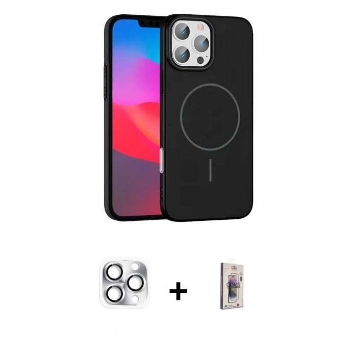 MARSİLYAN™- iPhone 16 Pro Max Kılıf Siluet Doku Özel Seri - Siyah Bilvis 3D Cam Ekran Koruyucu + Pers Alüminyum Kamera Lens - GS
