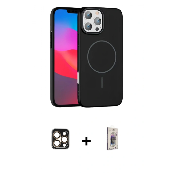 MARSİLYAN™- iPhone 16 Pro Max Kılıf Siluet Doku Özel Seri - Siyah Bilvis 3D Cam Ekran Koruyucu + PVD Metal Kamera Lens - GD