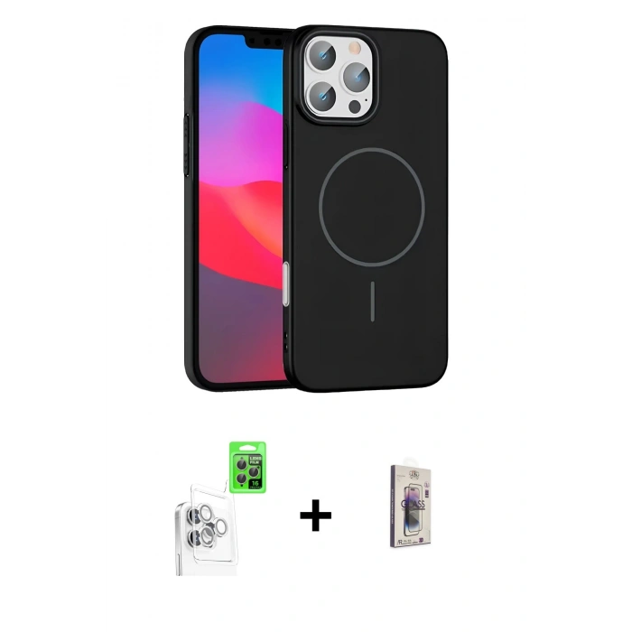 MARSİLYAN™- iPhone 16 Pro Max Kılıf Siluet Doku Özel Seri - Siyah Bilvis 3D Cam Ekran Koruyucu + Raze Metal Kamera Lens - BZ