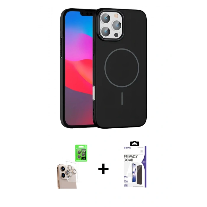 MARSİLYAN™- iPhone 16 Pro Max Kılıf Siluet Doku Özel Seri - Siyah Bilvis 3X AR Hayalet Cam Ekran Koruyucu + Raze Metal Kamera Lens - NLGY