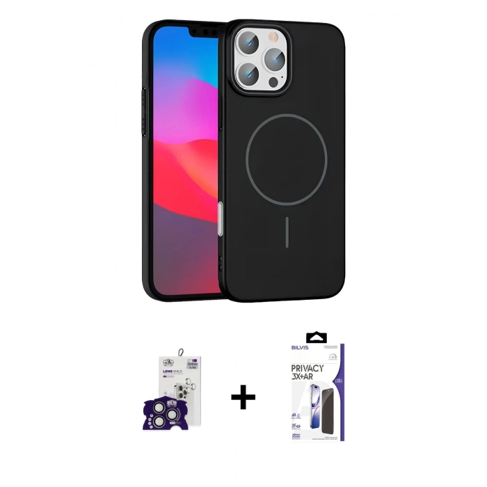 MARSİLYAN™- iPhone 16 Pro Max Kılıf Siluet Doku Özel Seri - Siyah Bilvis 3X AR Hayalet Cam Ekran Koruyucu + Bilvis Titan Kamera Lens - TMGI
