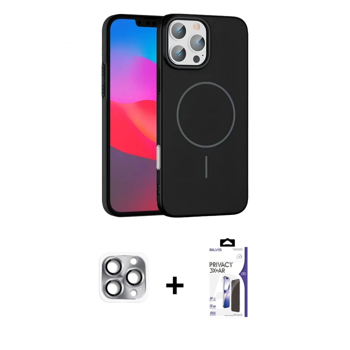 MARSİLYAN™- iPhone 16 Pro Max Kılıf Siluet Doku Özel Seri - Siyah Bilvis 3X AR Hayalet Cam Ekran Koruyucu + Pers Alüminyum Kamera Lens - GI
