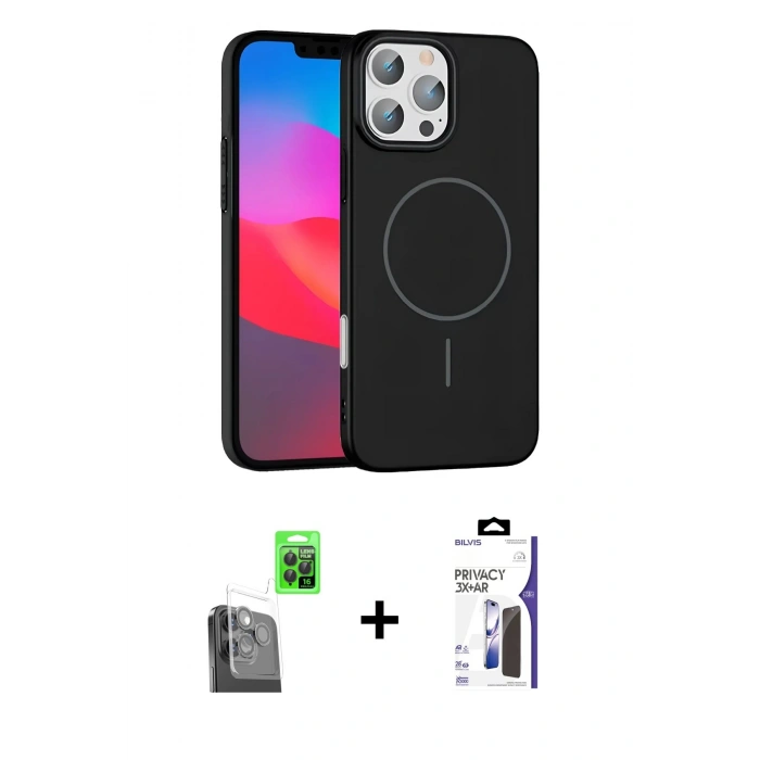 MARSİLYAN™- iPhone 16 Pro Max Kılıf Siluet Doku Özel Seri - Siyah Bilvis 3X AR Hayalet Cam Ekran Koruyucu + Raze Metal Kamera Lens - SH