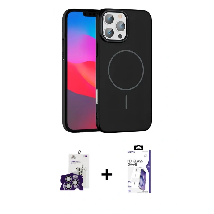 MARSİLYAN™- iPhone 16 Pro Max Kılıf Siluet Doku Özel Seri - Siyah Bilvis 3X AR HD Cam Ekran Koruyucu + Bilvis Titan Kamera Lens - GS