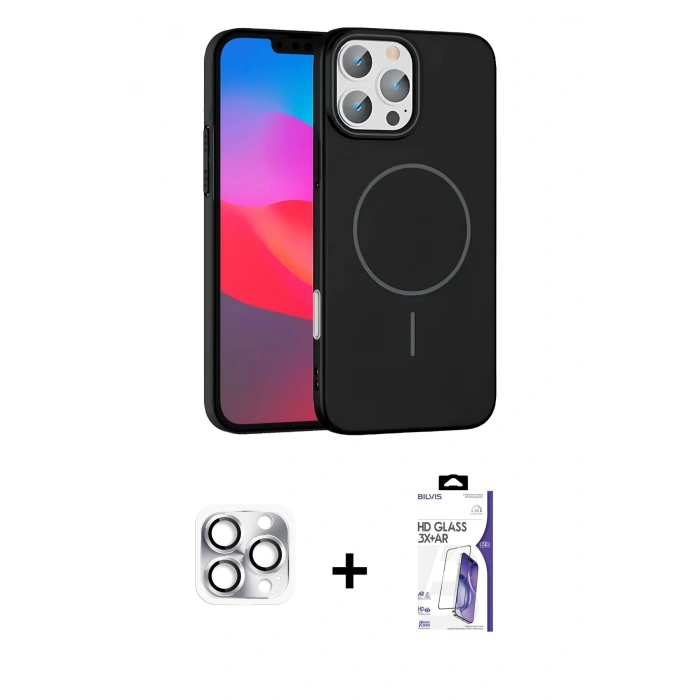 MARSİLYAN™- iPhone 16 Pro Max Kılıf Siluet Doku Özel Seri - Siyah Bilvis 3X AR HD Cam Ekran Koruyucu + Pers Alüminyum Kamera Lens - GS