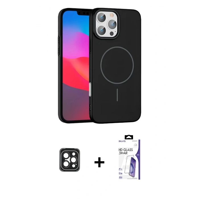 MARSİLYAN™- iPhone 16 Pro Max Kılıf Siluet Doku Özel Seri - Siyah Bilvis 3X AR HD Cam Ekran Koruyucu + PVD Metal Kamera Lens - SH