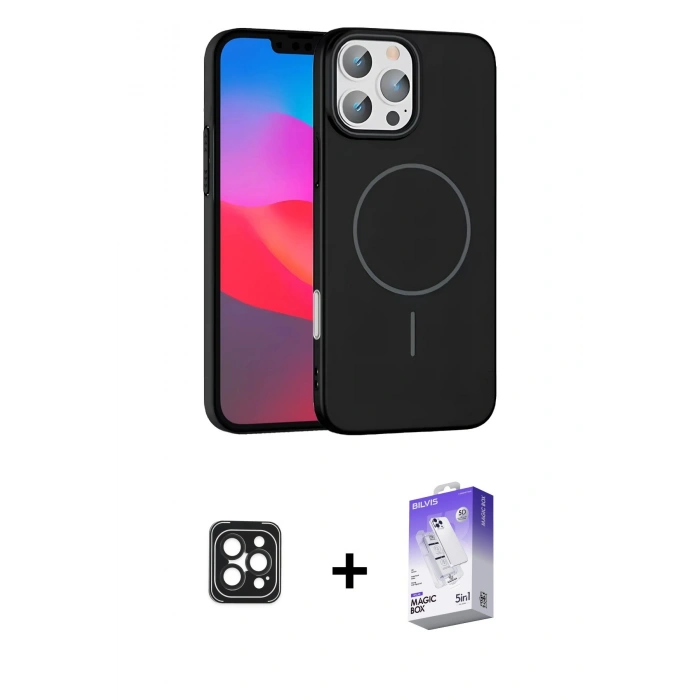 MARSİLYAN™- iPhone 16 Pro Max Kılıf Siluet Doku Özel Seri - Siyah Bilvis 5in1 3D Magic Cam Ekran Koruyucu + PVD Metal Kamera Lens - SH