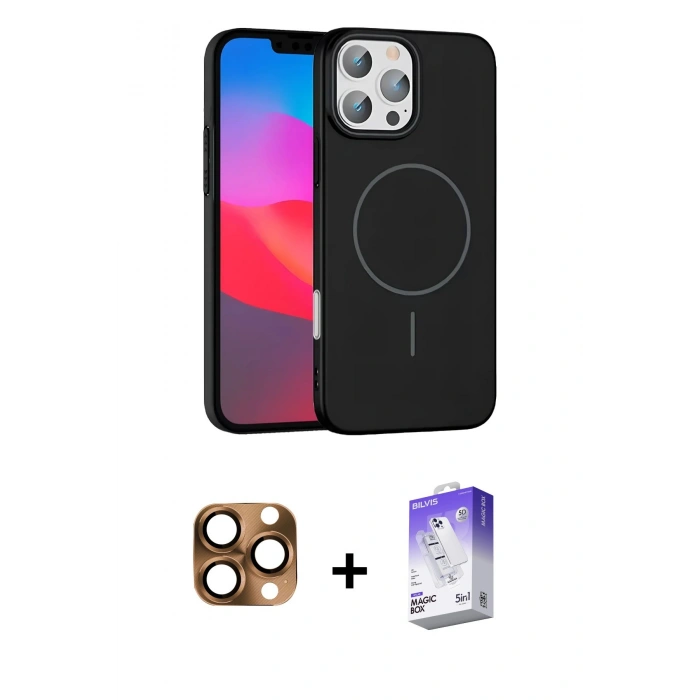MARSİLYAN™- iPhone 16 Pro Max Kılıf Siluet Doku Özel Seri - Siyah Bilvis 5in1 3D Magic Cam Ekran Koruyucu + Pers Alüminyum Kamera Lens - CLTM