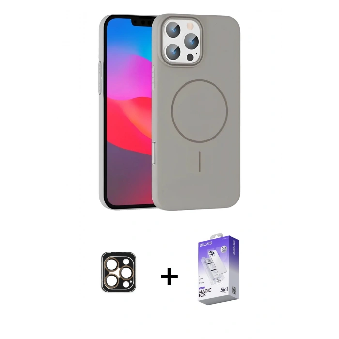 MARSİLYAN™- iPhone 16 Pro Max Kılıf Siluet Doku Özel Seri - Siyah Bilvis 5in1 3D Magic Cam Ekran Koruyucu + PVD Metal Kamera Lens - GD