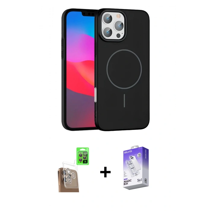 MARSİLYAN™- iPhone 16 Pro Max Kılıf Siluet Doku Özel Seri - Siyah Bilvis 5in1 3D Magic Cam Ekran Koruyucu + Raze Metal Kamera Lens - CLTM