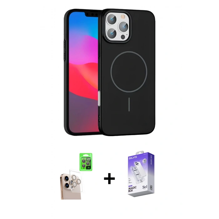 MARSİLYAN™- iPhone 16 Pro Max Kılıf Siluet Doku Özel Seri - Siyah Bilvis 5in1 3D Magic Cam Ekran Koruyucu + Raze Metal Kamera Lens - NLGY