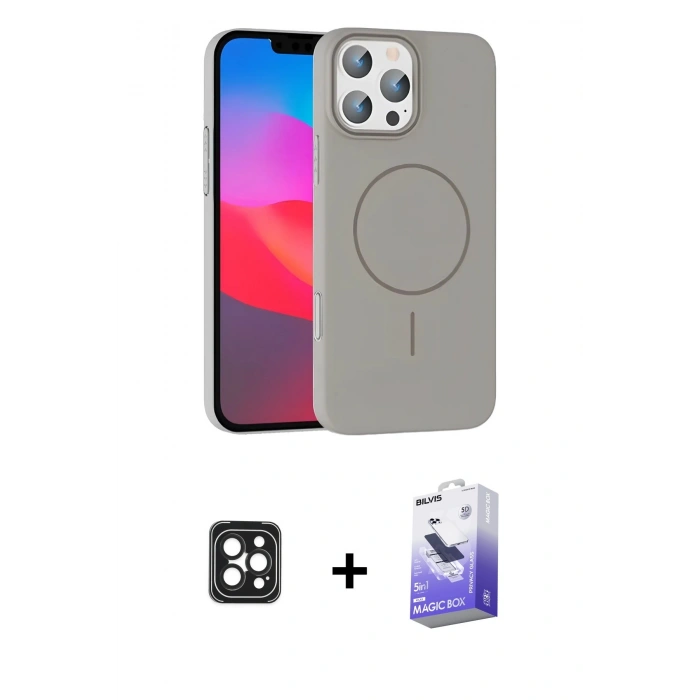 MARSİLYAN™- iPhone 16 Pro Max Kılıf Siluet Doku Özel Seri - Siyah Bilvis 5in1 5D Magic Hayalet Cam Ekran Koruyucu + PVD Metal Kamera Lens - SH