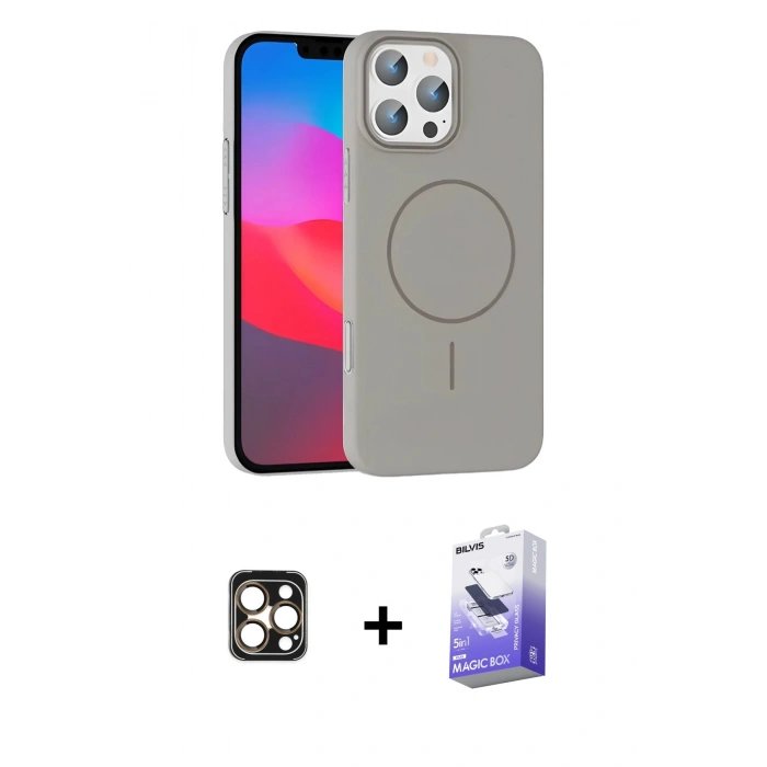 MARSİLYAN™- iPhone 16 Pro Max Kılıf Siluet Doku Özel Seri - Siyah Bilvis 5in1 5D Magic Hayalet Cam Ekran Koruyucu + PVD Metal Kamera Lens - GD