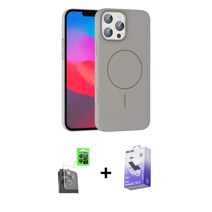 MARSİLYAN™- iPhone 16 Pro Max Kılıf Siluet Doku Özel Seri - Siyah Bilvis 5in1 5D Magic Hayalet Cam Ekran Koruyucu + Siyah Raze Metal Kamera Lens