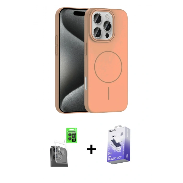 MARSİLYAN™- iPhone 16 Pro Max Kılıf Siluet Doku Özel Seri - Siyah Bilvis 5in1 5D Magic Hayalet Cam Ekran Koruyucu + Siyah Raze Metal Kamera Lens