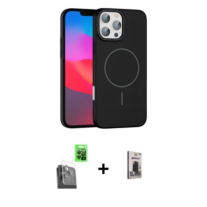 MARSİLYAN™- iPhone 16 Pro Max Kılıf Siluet Doku Özel Seri - Siyah Bilvis Hayalet Cam Ekran Koruyucu + Raze Metal Kamera Lens - SH