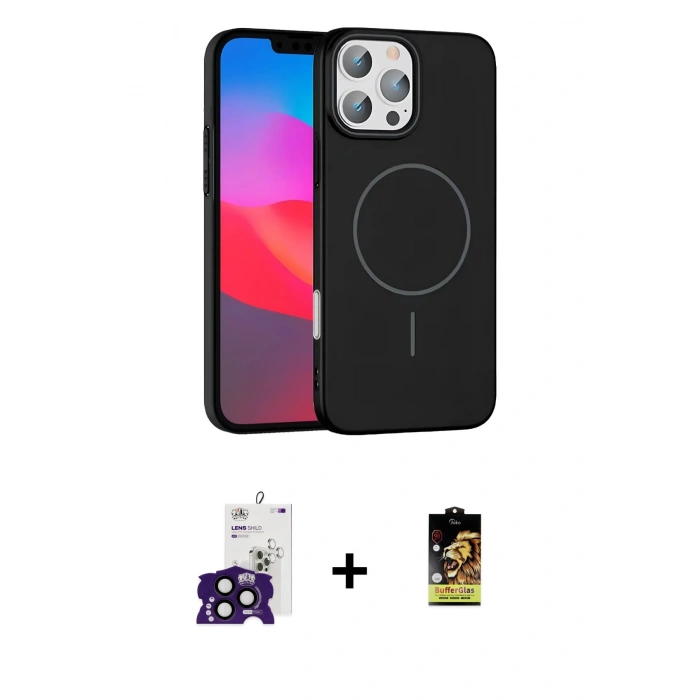 MARSİLYAN™- iPhone 16 Pro Max Kılıf Siluet Doku Özel Seri - Siyah Buffer Cam Ekran Koruyucu + Bilvis Titan Kamera Lens - SH