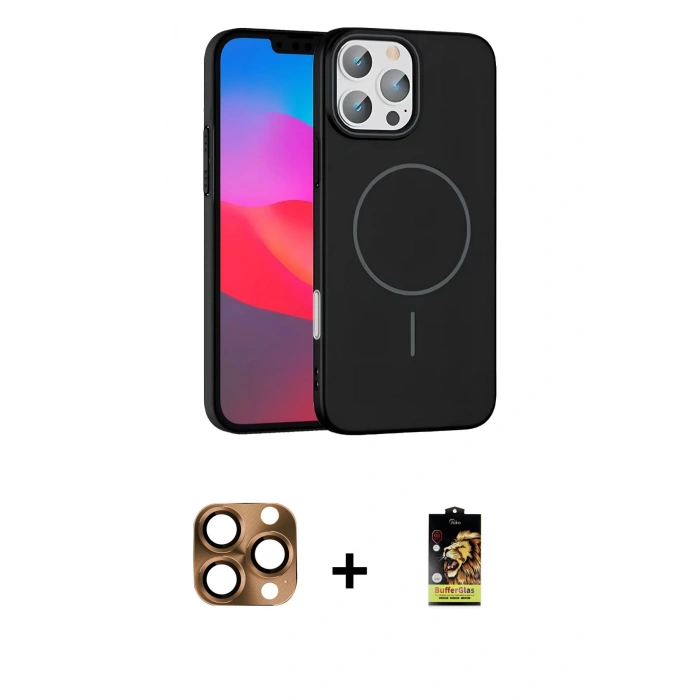MARSİLYAN™- iPhone 16 Pro Max Kılıf Siluet Doku Özel Seri - Siyah Buffer Cam Ekran Koruyucu + Çöl Titanyum Pers Alüminyum Kamera Lens