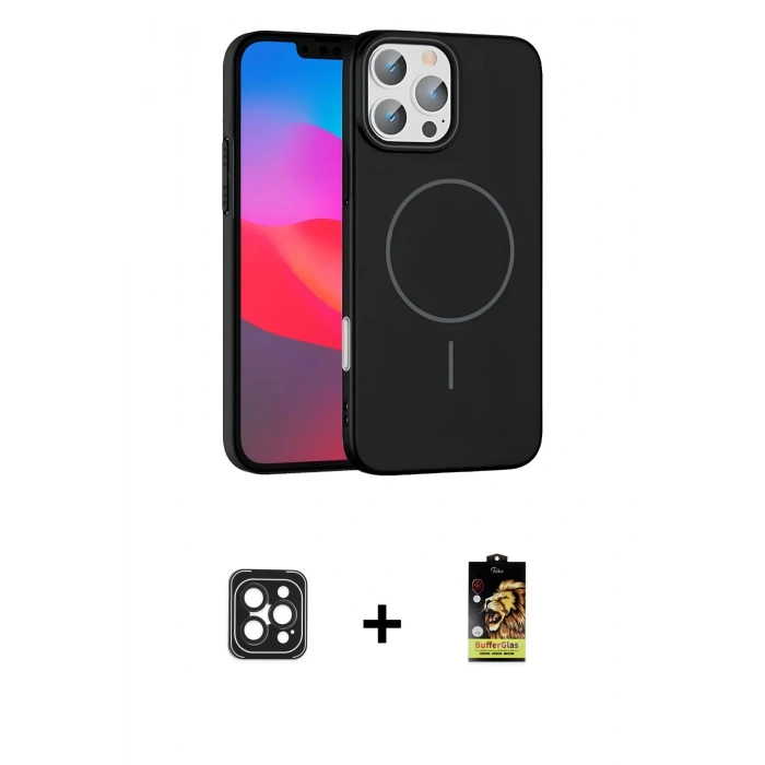 MARSİLYAN™- iPhone 16 Pro Max Kılıf Siluet Doku Özel Seri - Siyah Buffer Cam Ekran Koruyucu + PVD Metal Kamera Lens - SH