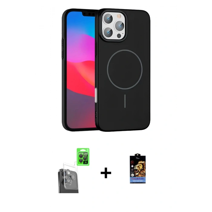 MARSİLYAN™- iPhone 16 Pro Max Kılıf Siluet Doku Özel Seri - Siyah Buffer Hayalet Cam Ekran Koruyucu + Raze Metal Kamera Lens - SH