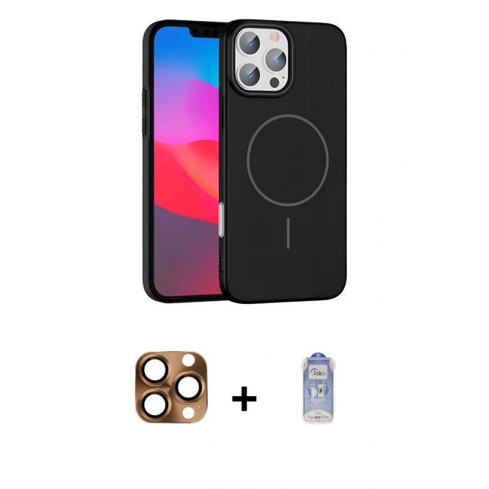 MARSİLYAN™- iPhone 16 Pro Max Kılıf Siluet Doku Özel Seri - Siyah Joko Magic 5D Cam + Çöl Titanyum Pers Alüminyum Kamera Lens