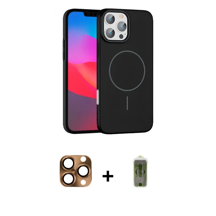 MARSİLYAN™- iPhone 16 Pro Max Kılıf Siluet Doku Özel Seri - Siyah Joko Magic 5D Hayalet Cam + Çöl Titanyum Pers Alüminyum Kamera Lens