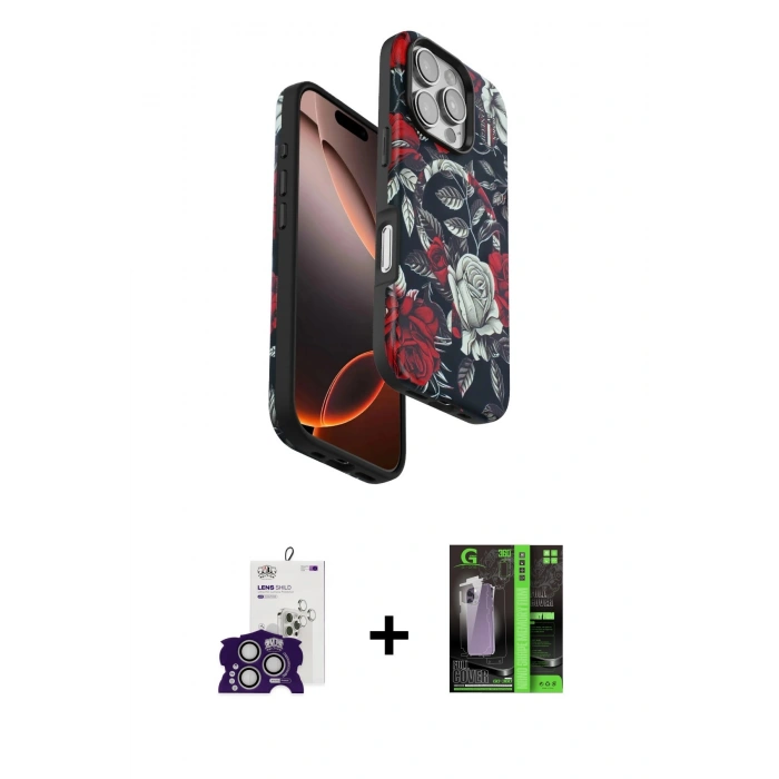 MARSİLYAN™- iPhone 16 Pro Max Kılıf Siluet Doku - Şeffaf 360 Full Body Arka Koruyucu + Bilvis Titan Kamera Lens - GS