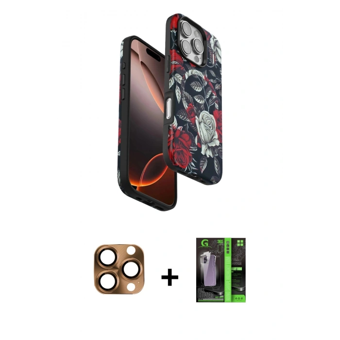 MARSİLYAN™- iPhone 16 Pro Max Kılıf Siluet Doku - Şeffaf 360 Full Body Arka Koruyucu + Pers Alüminyum Kamera Lens - CLTM