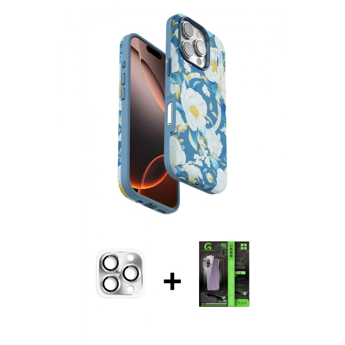 MARSİLYAN™- iPhone 16 Pro Max Kılıf Siluet Doku - Şeffaf 360 Full Body Arka Koruyucu + Pers Alüminyum Kamera Lens - GS