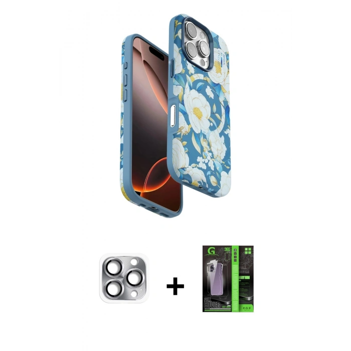 MARSİLYAN™- iPhone 16 Pro Max Kılıf Siluet Doku - Şeffaf 360 Full Body Arka Koruyucu + Pers Alüminyum Kamera Lens - GI