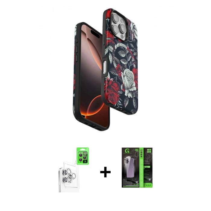 MARSİLYAN™- iPhone 16 Pro Max Kılıf Siluet Doku - Şeffaf 360 Full Body Arka Koruyucu + Raze Metal Kamera Lens - BZ