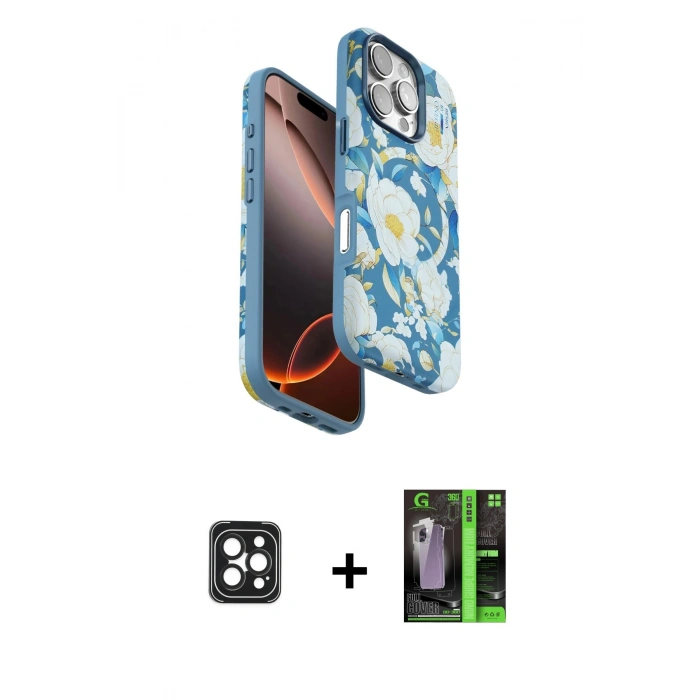 MARSİLYAN™- iPhone 16 Pro Max Kılıf Siluet Doku - Şeffaf 360 Full Body Arka Koruyucu + PVD Metal Kamera Lens - SH