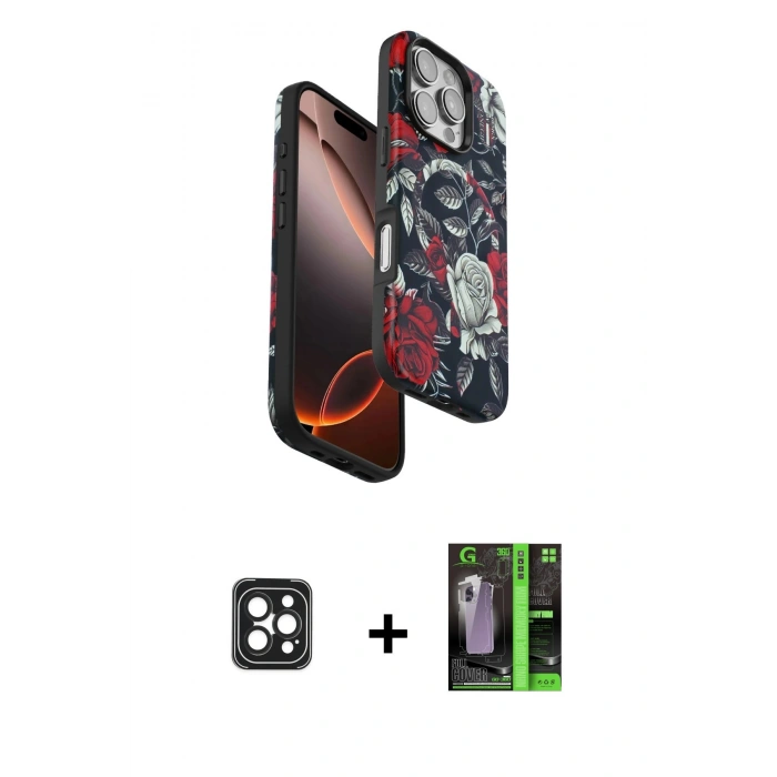 MARSİLYAN™- iPhone 16 Pro Max Kılıf Siluet Doku - Şeffaf 360 Full Body Arka Koruyucu + PVD Metal Kamera Lens - SH