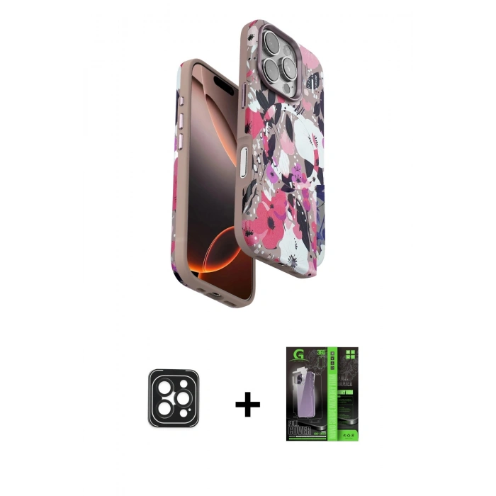 MARSİLYAN™- iPhone 16 Pro Max Kılıf Siluet Doku - Şeffaf 360 Full Body Arka Koruyucu + PVD Metal Kamera Lens - SH