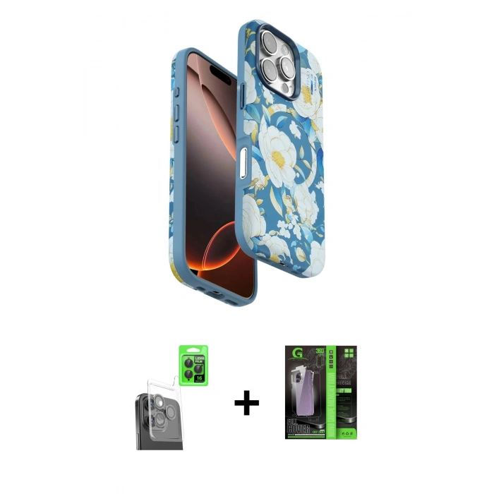 MARSİLYAN™- iPhone 16 Pro Max Kılıf Siluet Doku - Şeffaf 360 Full Body Arka Koruyucu + Siyah Raze Metal Kamera Lens