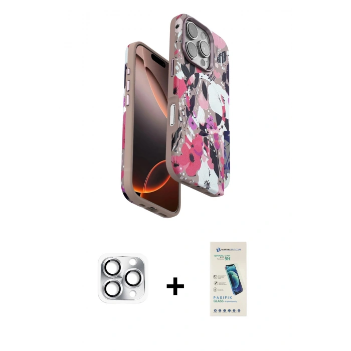MARSİLYAN™- iPhone 16 Pro Max Kılıf Siluet Doku - Şeffaf Pasifik Cam Ekran Koruyucu + Pers Alüminyum Kamera Lens - GS