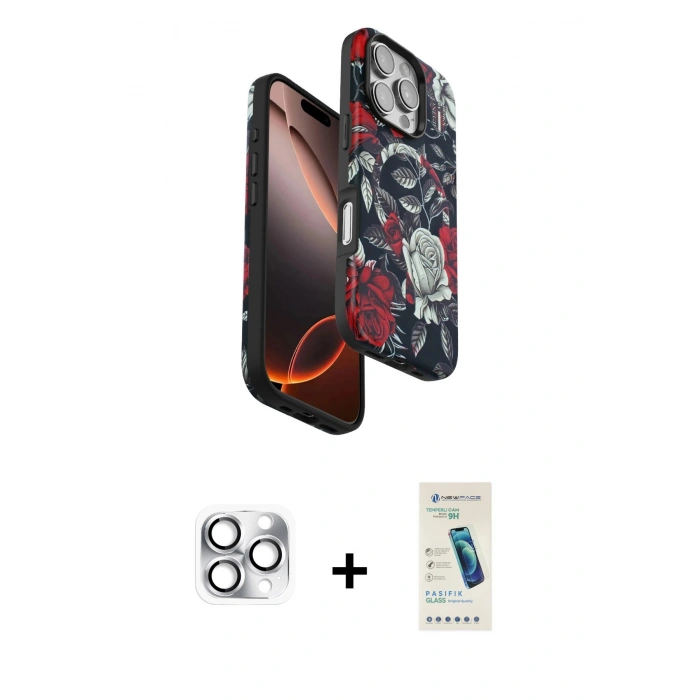 MARSİLYAN™- iPhone 16 Pro Max Kılıf Siluet Doku - Şeffaf Pasifik Cam Ekran Koruyucu + Pers Alüminyum Kamera Lens - GS