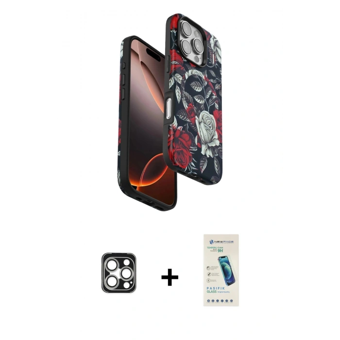 MARSİLYAN™- iPhone 16 Pro Max Kılıf Siluet Doku - Şeffaf Pasifik Cam Ekran Koruyucu + PVD Metal Kamera Lens - GS