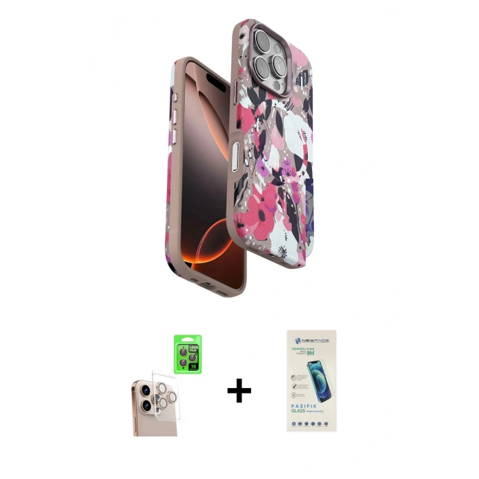 MARSİLYAN™- iPhone 16 Pro Max Kılıf Siluet Doku - Şeffaf Pasifik Cam Ekran Koruyucu + Raze Metal Kamera Lens - NLGY