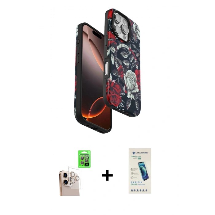MARSİLYAN™- iPhone 16 Pro Max Kılıf Siluet Doku - Şeffaf Pasifik Cam Ekran Koruyucu + Raze Metal Kamera Lens - NLGY