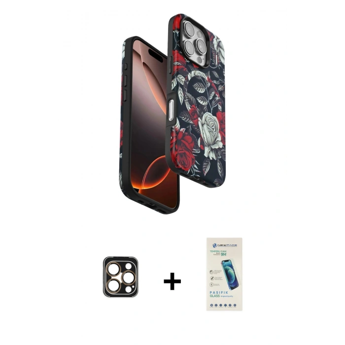 MARSİLYAN™- iPhone 16 Pro Max Kılıf Siluet Doku - Şeffaf Pasifik Cam Ekran Koruyucu + PVD Metal Kamera Lens - GD