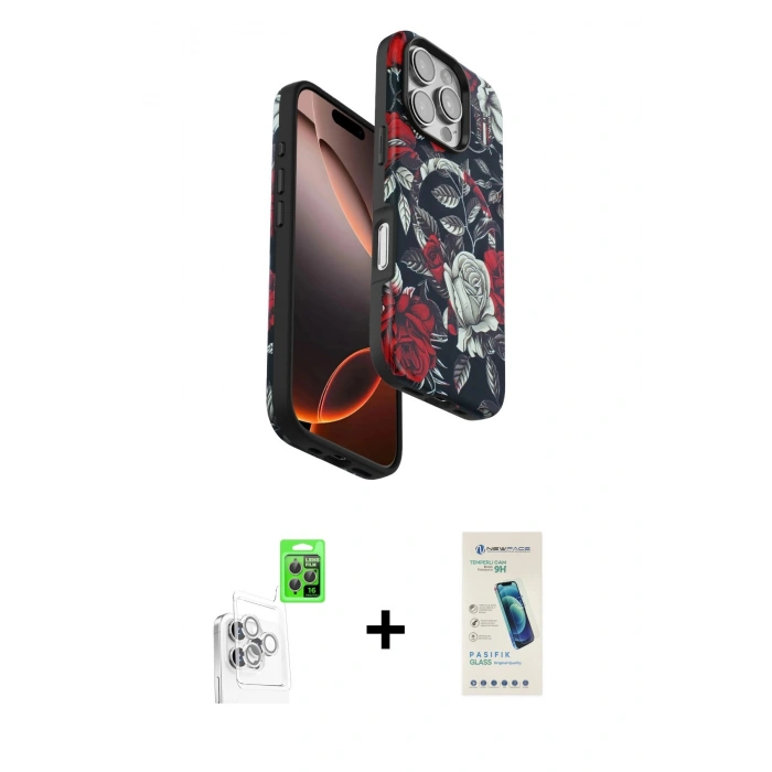 MARSİLYAN™- iPhone 16 Pro Max Kılıf Siluet Doku - Şeffaf Pasifik Cam Ekran Koruyucu + Raze Metal Kamera Lens - BZ