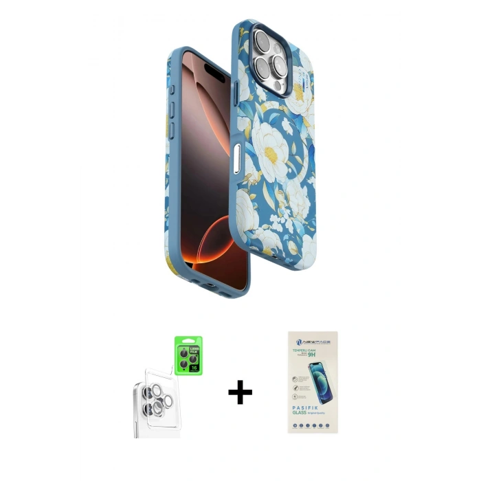 MARSİLYAN™- iPhone 16 Pro Max Kılıf Siluet Doku - Şeffaf Pasifik Cam Ekran Koruyucu + Raze Metal Kamera Lens - BZ