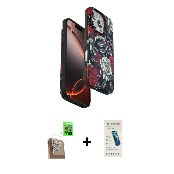 MARSİLYAN™- iPhone 16 Pro Max Kılıf Siluet Doku - Şeffaf Pasifik Cam Ekran Koruyucu + Raze Metal Kamera Lens - CLTM