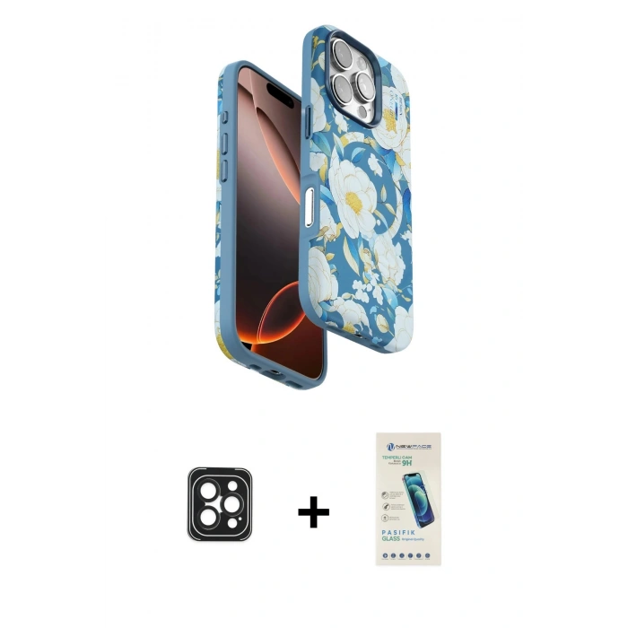 MARSİLYAN™- iPhone 16 Pro Max Kılıf Siluet Doku - Şeffaf Pasifik Cam Ekran Koruyucu + Siyah PVD Metal Kamera Lens