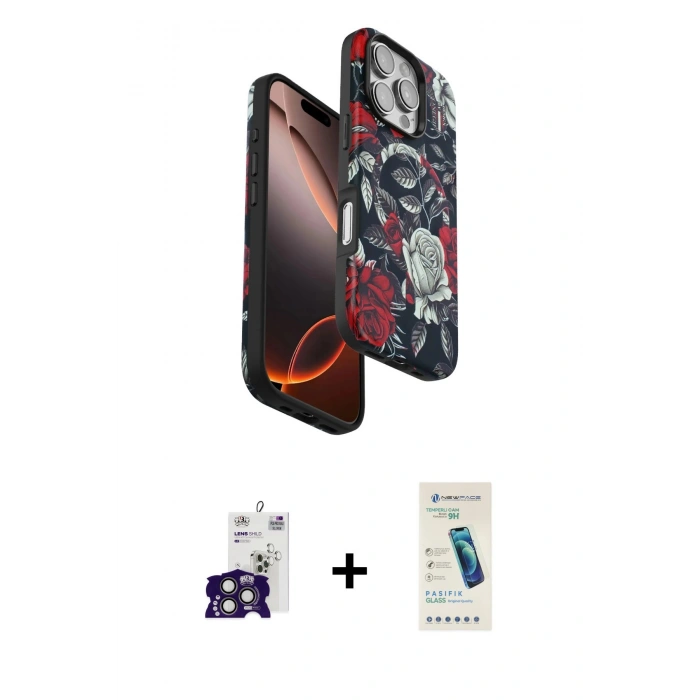 MARSİLYAN™- iPhone 16 Pro Max Kılıf Siluet Doku - Şeffaf Pasifik Cam Ekran Koruyucu + Bilvis Titan Kamera Lens - TMGI