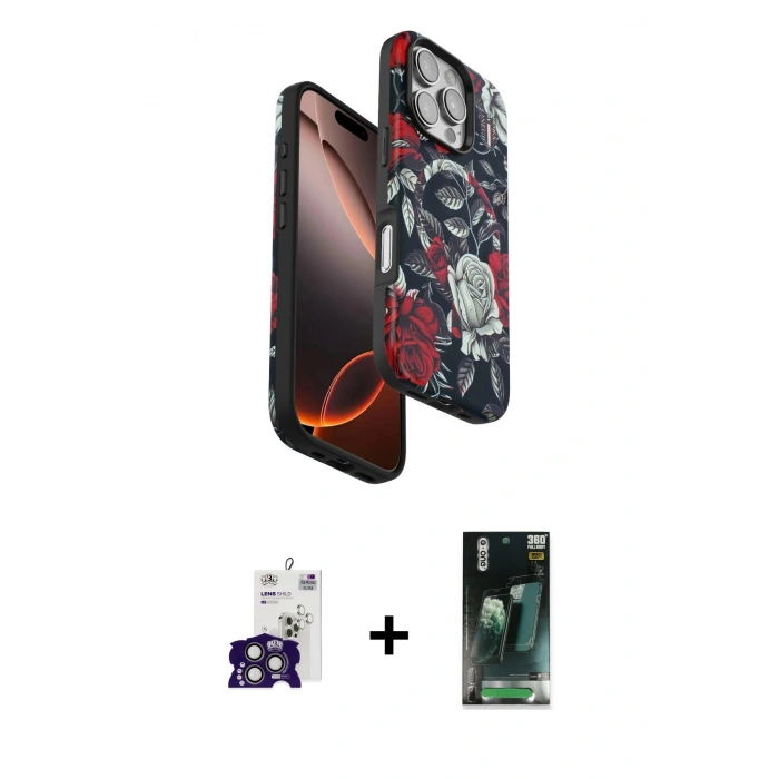 MARSİLYAN™- iPhone 16 Pro Max Kılıf Siluet Doku - Siyah 360 Mat Full Body Arka Koruyucu + Bilvis Titan Kamera Lens - TMGI
