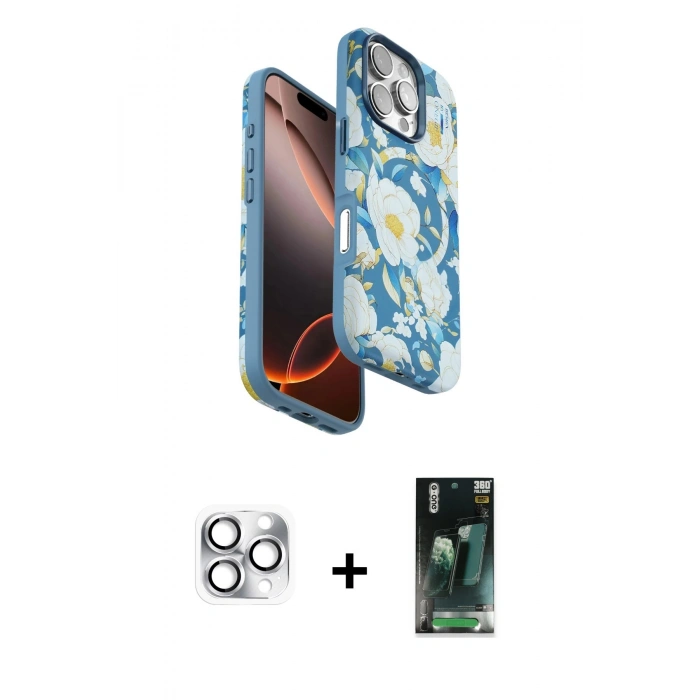 MARSİLYAN™- iPhone 16 Pro Max Kılıf Siluet Doku - Siyah 360 Mat Full Body Arka Koruyucu + Pers Alüminyum Kamera Lens - GS